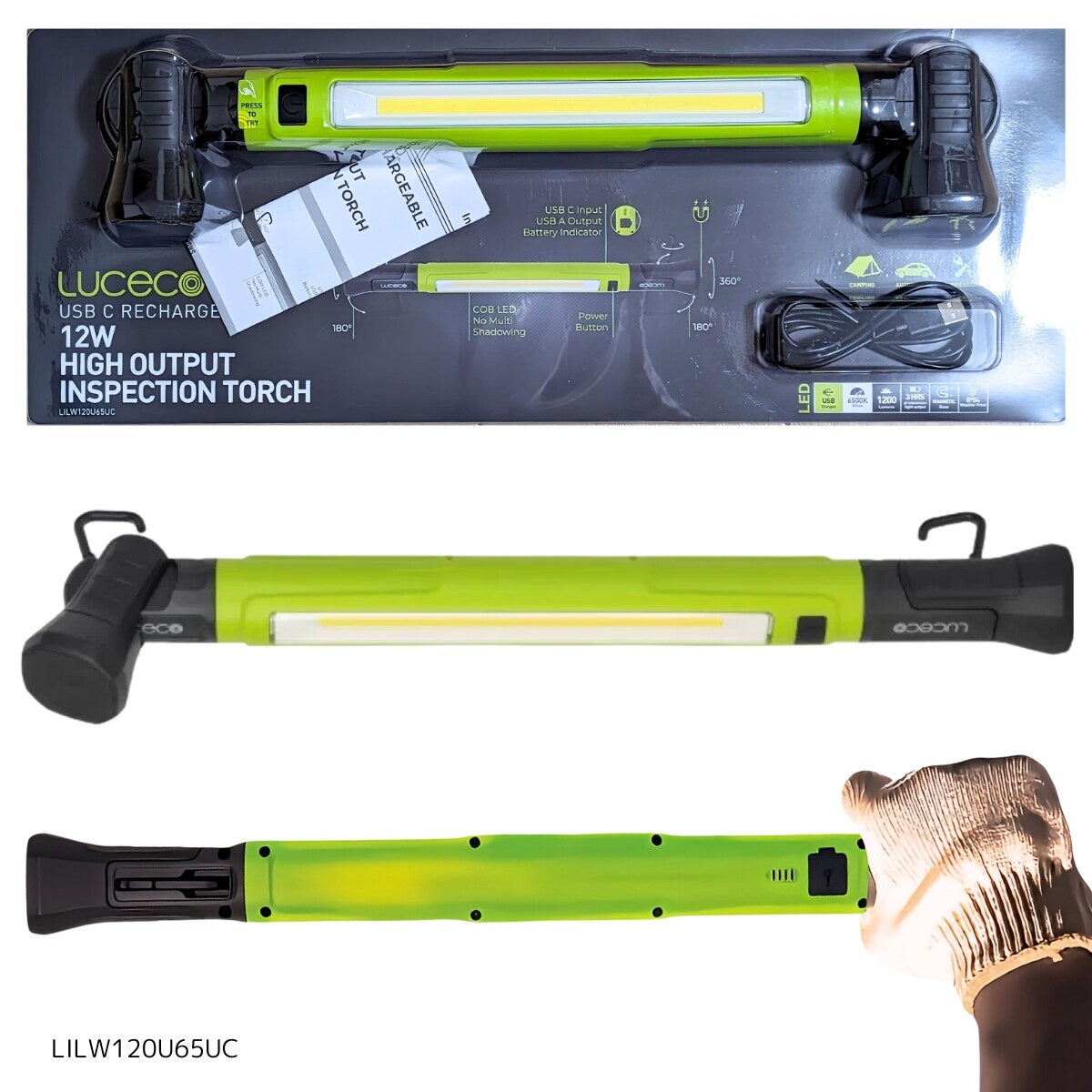 Luceco USB充電式 LEDワークライト 1200lm の強力な光出力 光源の調節 360°回転マグネットベース 折りたたみフック 防水性能: IP54 LILW120U65UC 作業用ライト 懐中電灯 ランタン チート フラッシュライト USBタイプC充電ケーブル付属