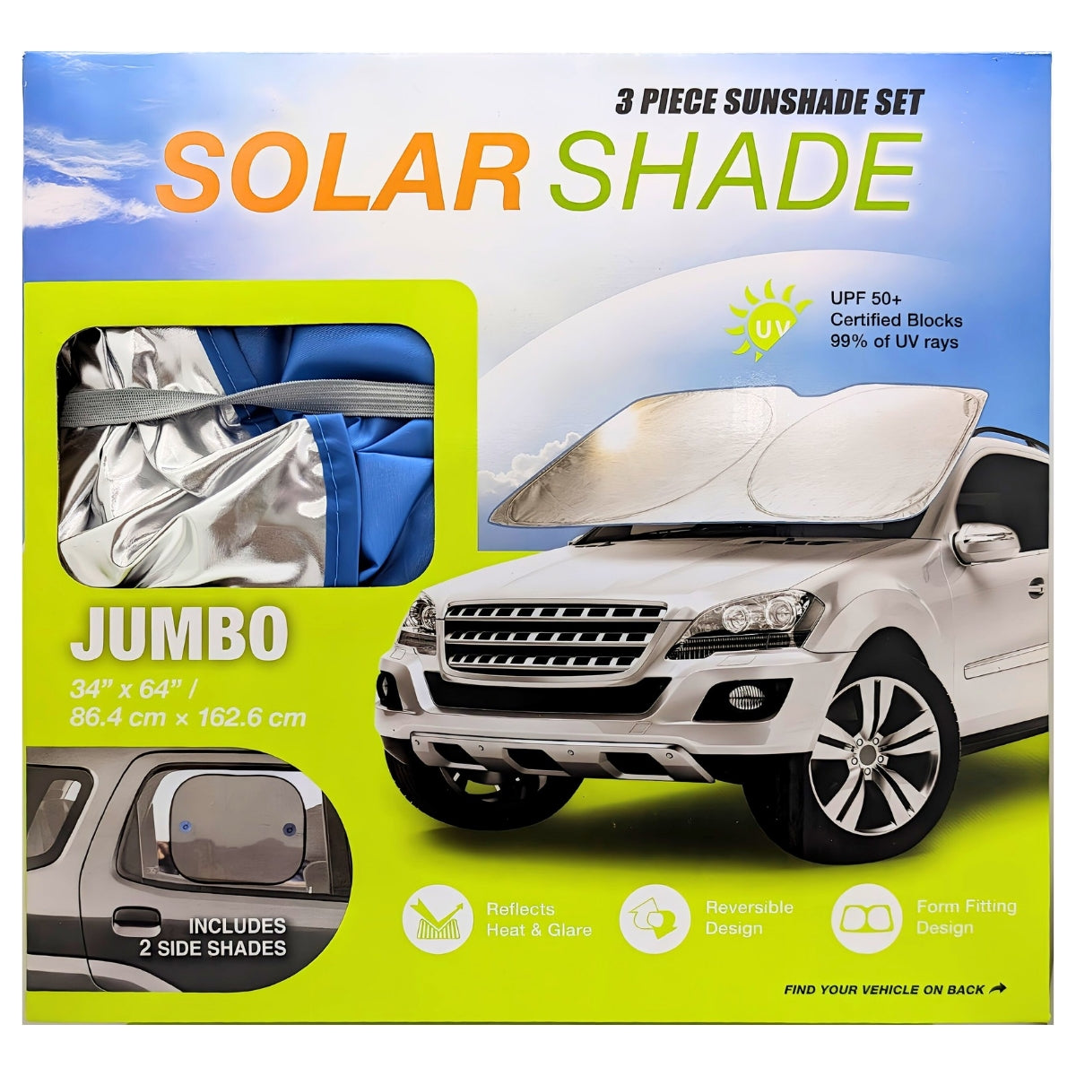 JUNBO SolarShade ジャンボ サンシェード3点セット #1292781 ソーラーシェード サイズ 86.4 × 162.6 cm 熱と眩しさを反射 リバーシブルデザイン