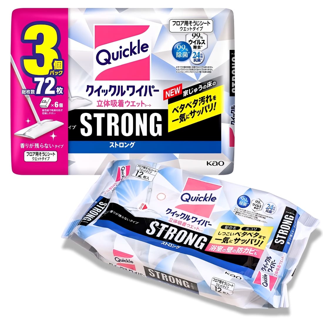 Kao クイックルワイパー ストロング 大容量 立体吸着ウエットシート 24枚ｘ3袋 ウイルス99%除去 除菌 香りが残らないタイプ 住宅用お掃除シート サイズ:約 205mm×約 285mm