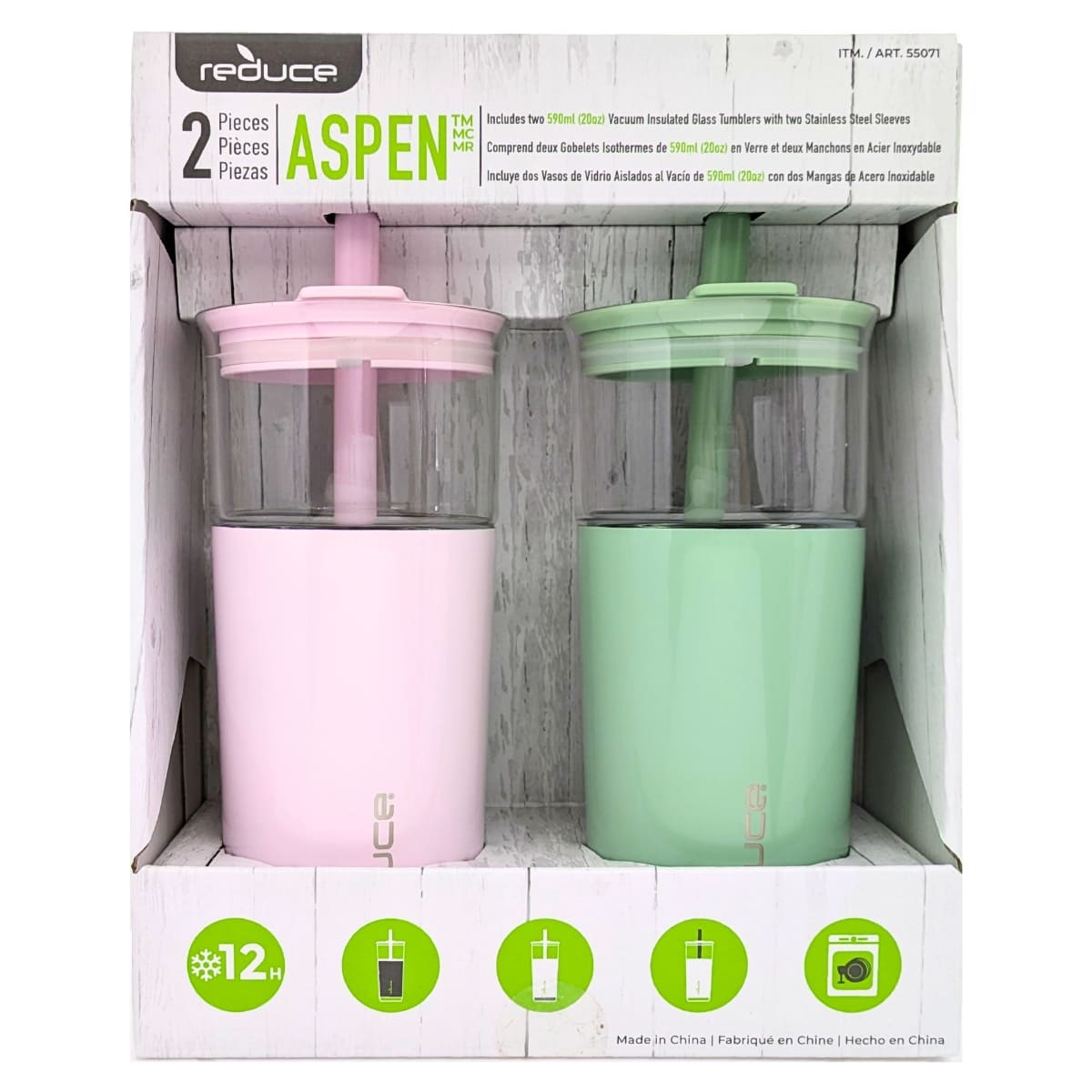 リデュース アスペン 真空断熱二重グラスタンブラー 保冷専用 591ml x 2本セット 最大12時間保冷 パーツ分解可 食洗機対応 18/8ステンレス BPAフリー 直径 9.1cm x 高さ 25cm (ストロー含む) 重量 500g #55071