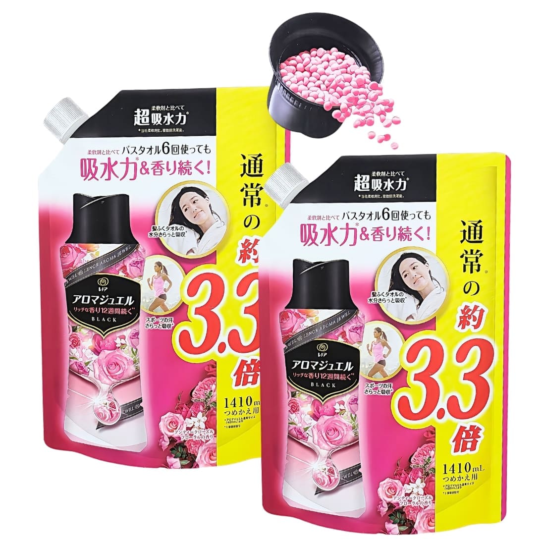 レノア アロマジェル ブラック 衣料用香りづけ剤 アンティークローズ＆フローラルの香り 1410ml×2個 詰め替え用 用途(綿、毛、絹、化学繊維)   シャシャと洗濯機に ドラム式 縦型 どちらもOK  アロマビーズ 成分:安定化剤、香料 中国製 #61765 [P＆G]
