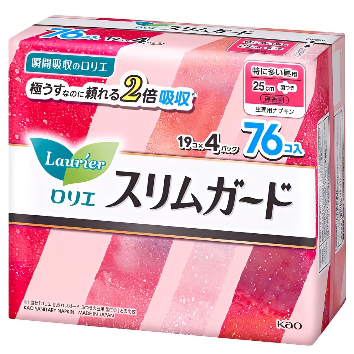 【医薬部外品 生理用ナプキン】ロリエ スリムガード 羽つき 多い昼用 25cm 無香料 瞬間吸収 表面のなめらかさアップ しなやかフィット 全面通気性シート ストレスフリー 19個 x 4 76個 日本製 花王 販売名：ロリエAD-ｄ #12321
