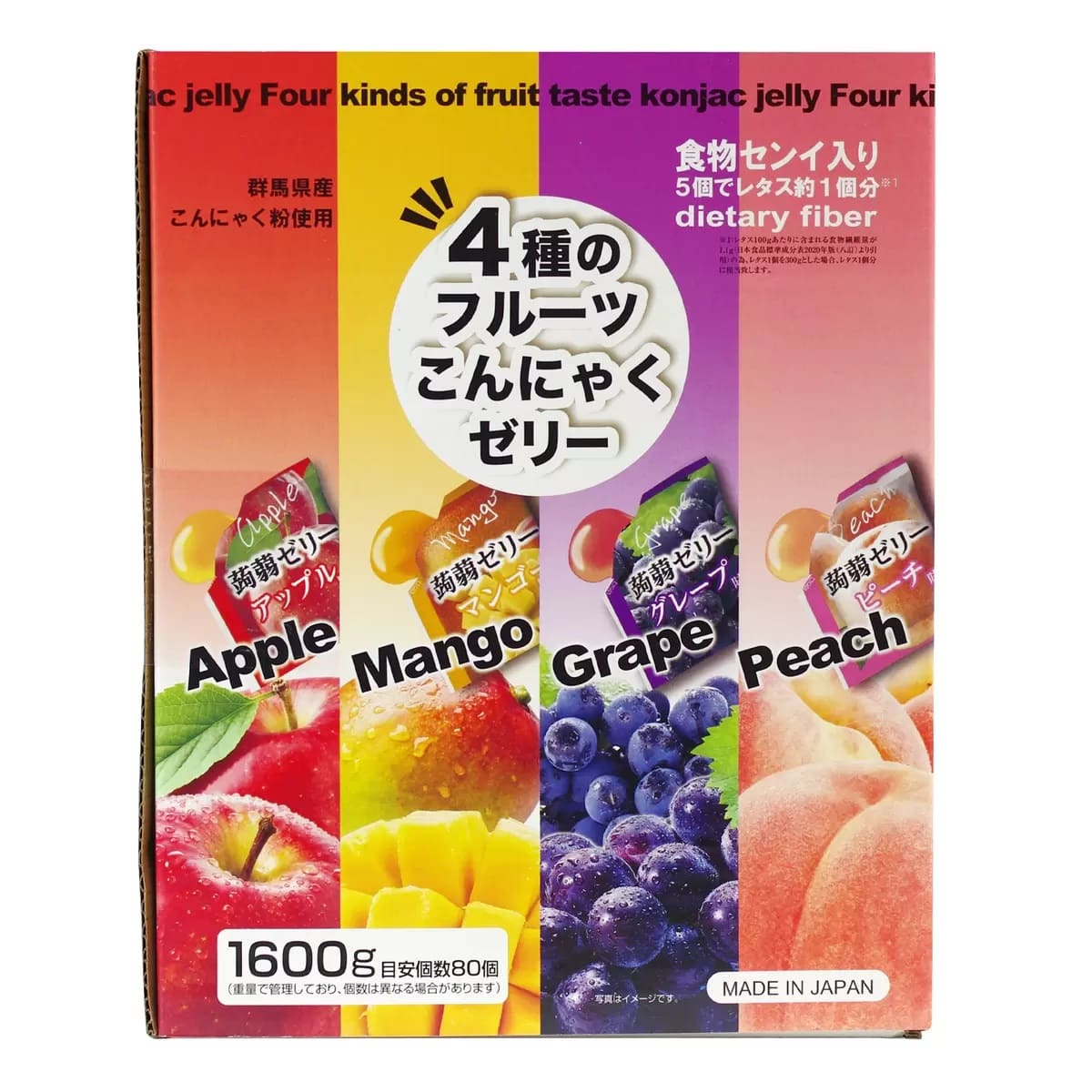 雪国アグリ 4種のフルーツこんにゃくゼリー  80個入り アップル、マンゴー、グレープ、ピーチの4つのフルーツ風味 食物繊維入り
