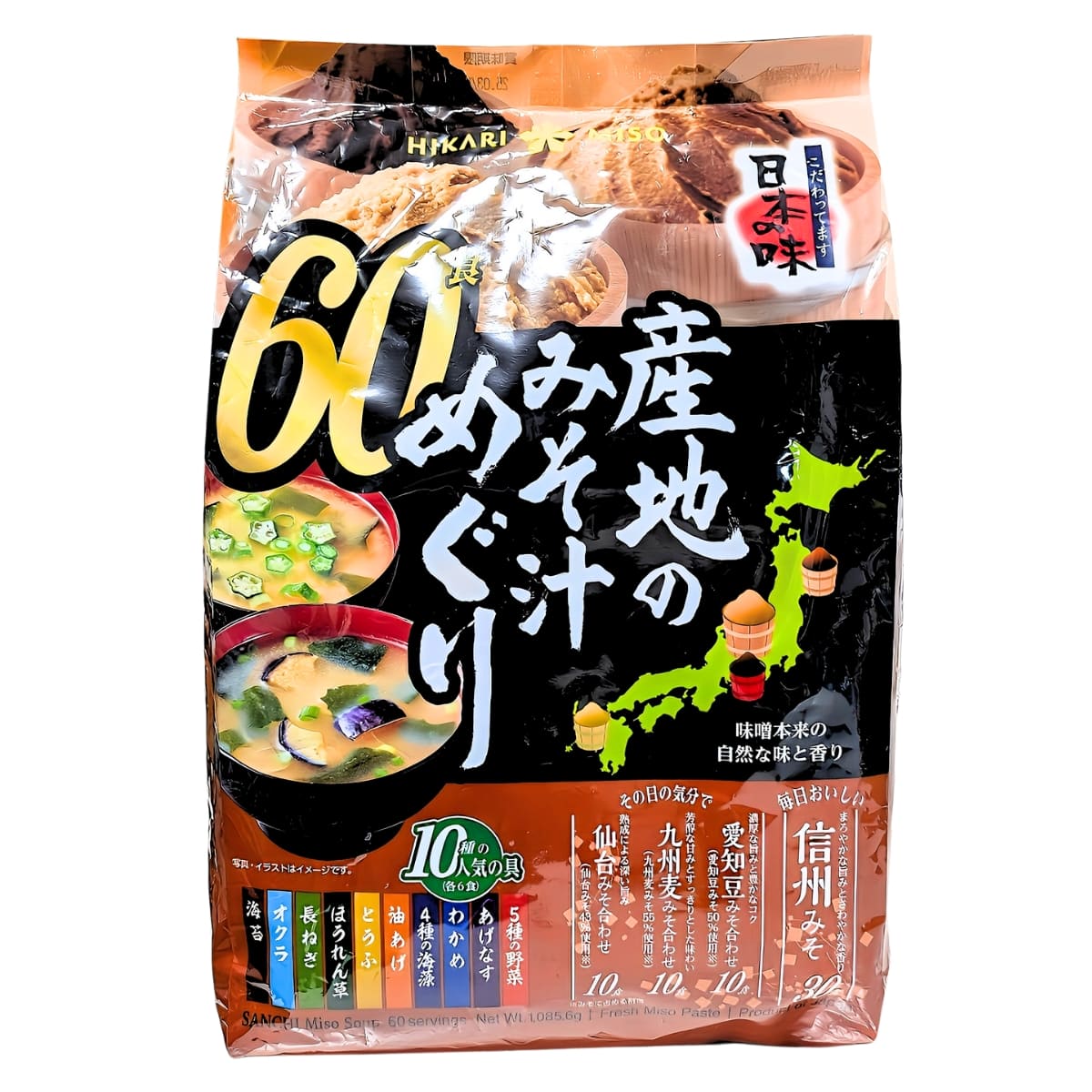 インスタント味噌汁 ひかり味噌 産地のみそ汁めぐり 60食 即席みそ汁 信州みそ,仙台みそ,愛知豆みそ,九州麦みそ #57651 通常