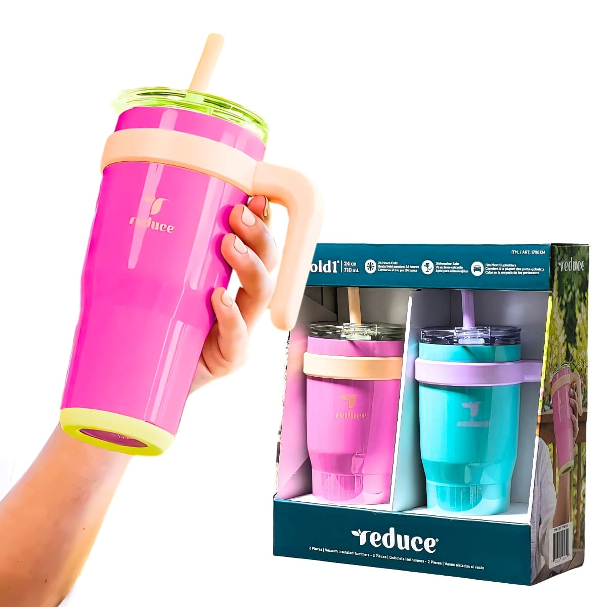 Reduce(リデュース)  コールド1 ステンレスマグ 710ml 2本セット (保冷専用) 車のカップホルダーに対応 カラー:ピンク/グリーン #1796134-2