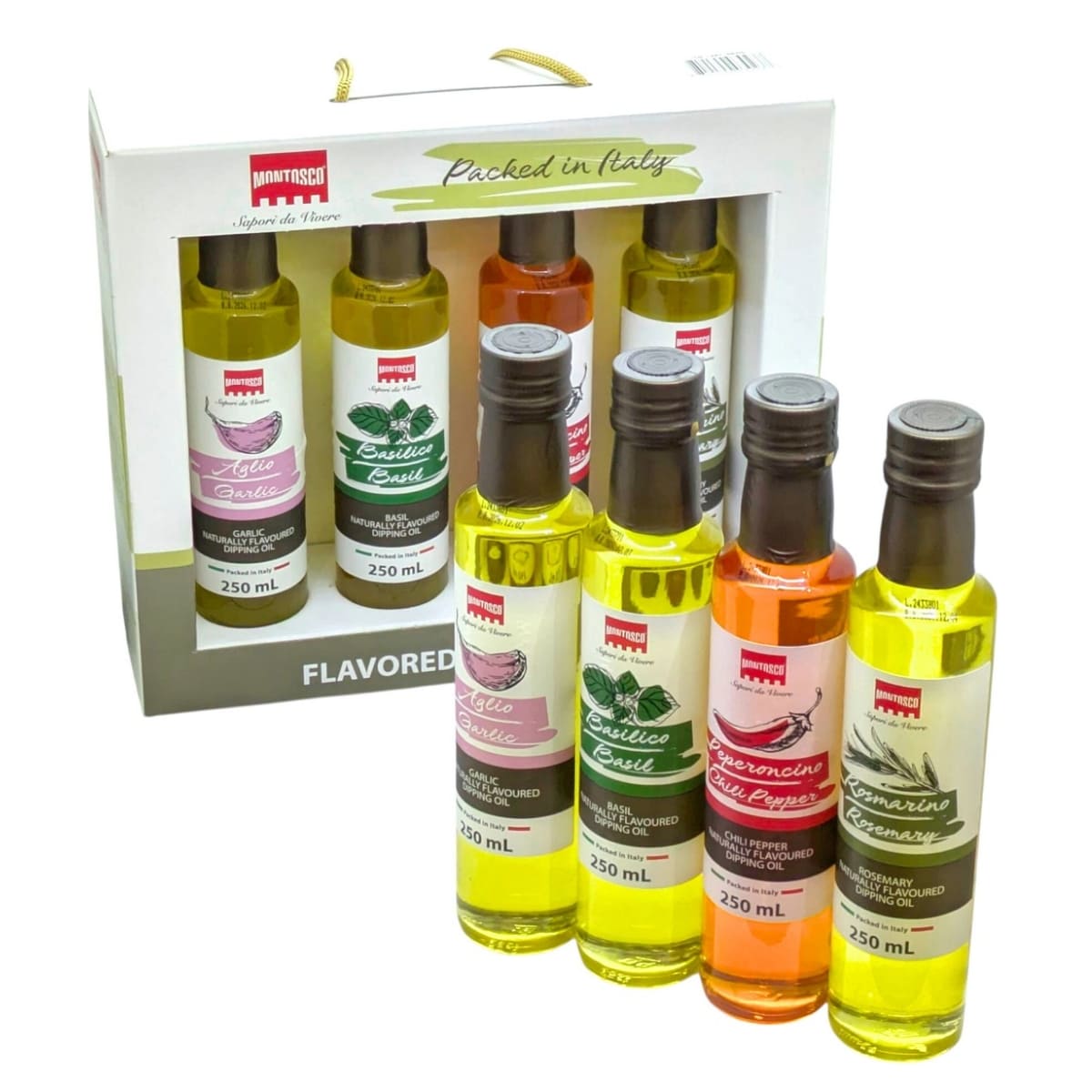 モントスコ イタリア産 香味オイル4種詰め合わせ フレーバーオリーブオイルセット (ガーリック, バジル, チリ, ローズマリー)  4本セット 料理 パスタ ディップオイル フレーバーオイル  ギフト
