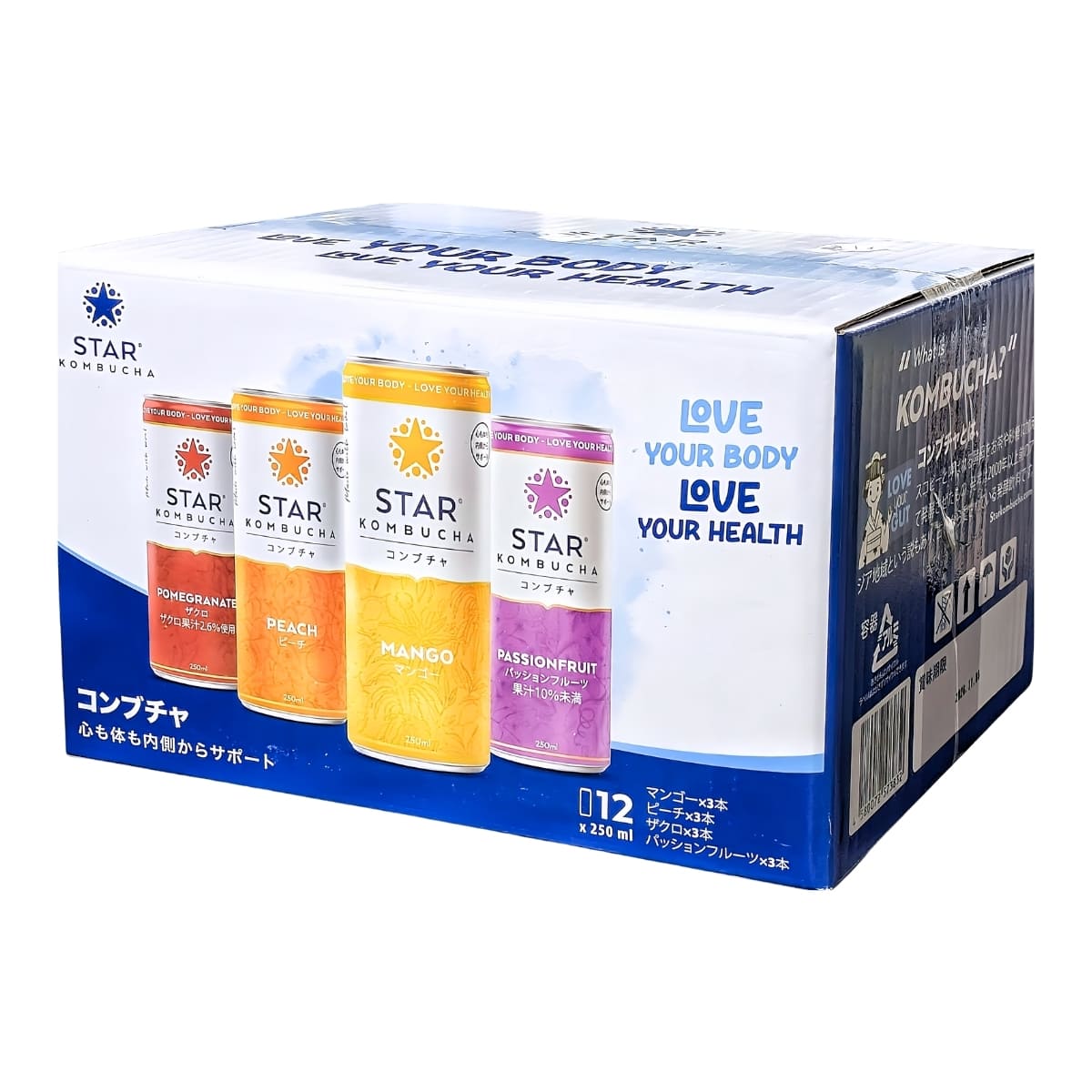 【秋の暮らし】Star (スター) コンブチャ 250ml ×12本 4種 ( マンゴー, ピーチ, ザクロ, パッションフルーツ 各3缶 ) #68224 べトナム製 飲みやすい 健康ドリンク 飲料 美容 発酵ドリンク ギフト ※炭酸飲料ではありません。秋の味覚 食欲の秋
