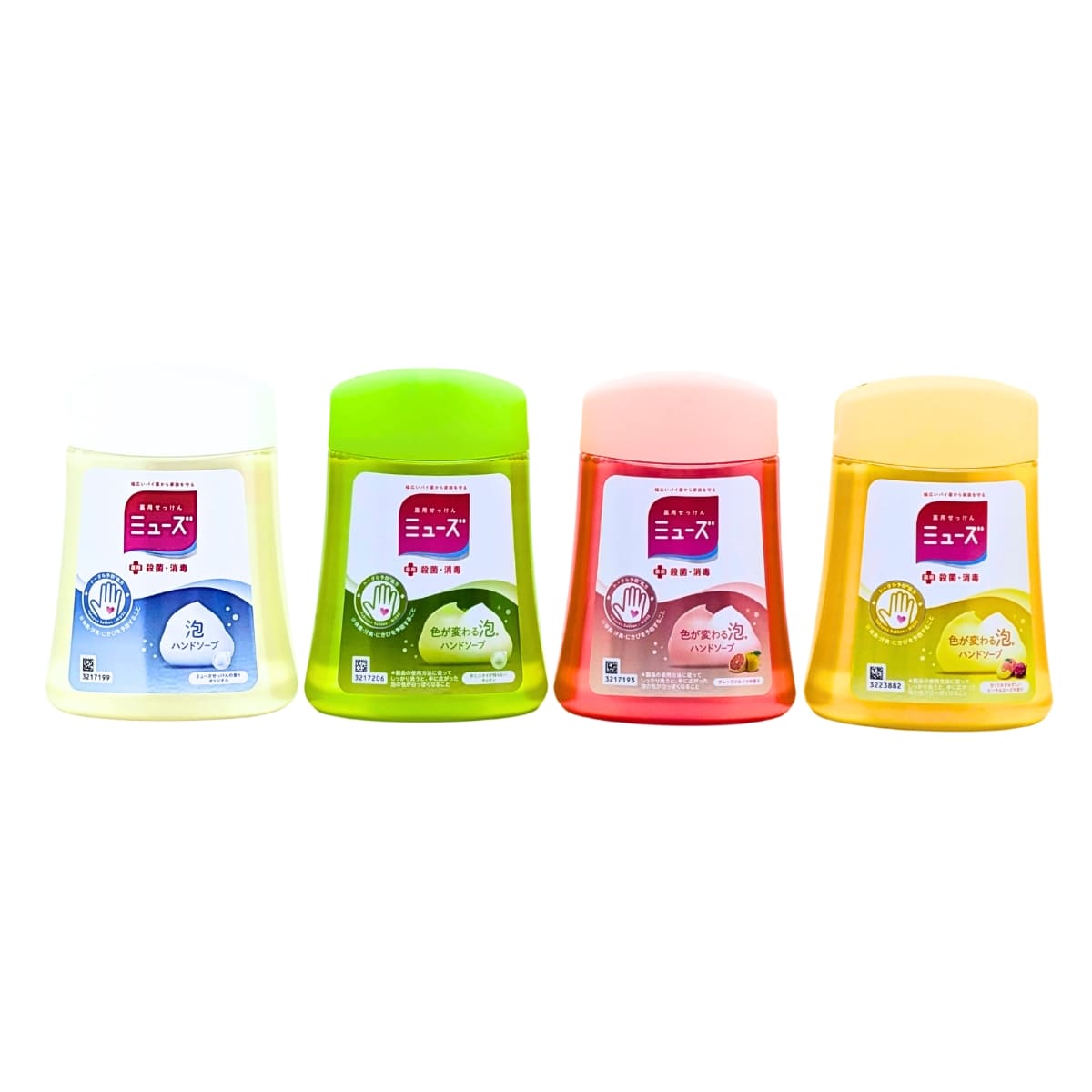 【薬用石鹸】ミューズ ノータッチ泡ハンドソープ 詰め替え用 型番:8399695 #5881411 バラエティセット 4種 (オリジナル /手ににおいが残らない キッチン /グレープフルーツ / 甘くてみずみずしいピーチ＆ローズ /各250ml)  製造販売元:レキットベンキーザー・ジャパン