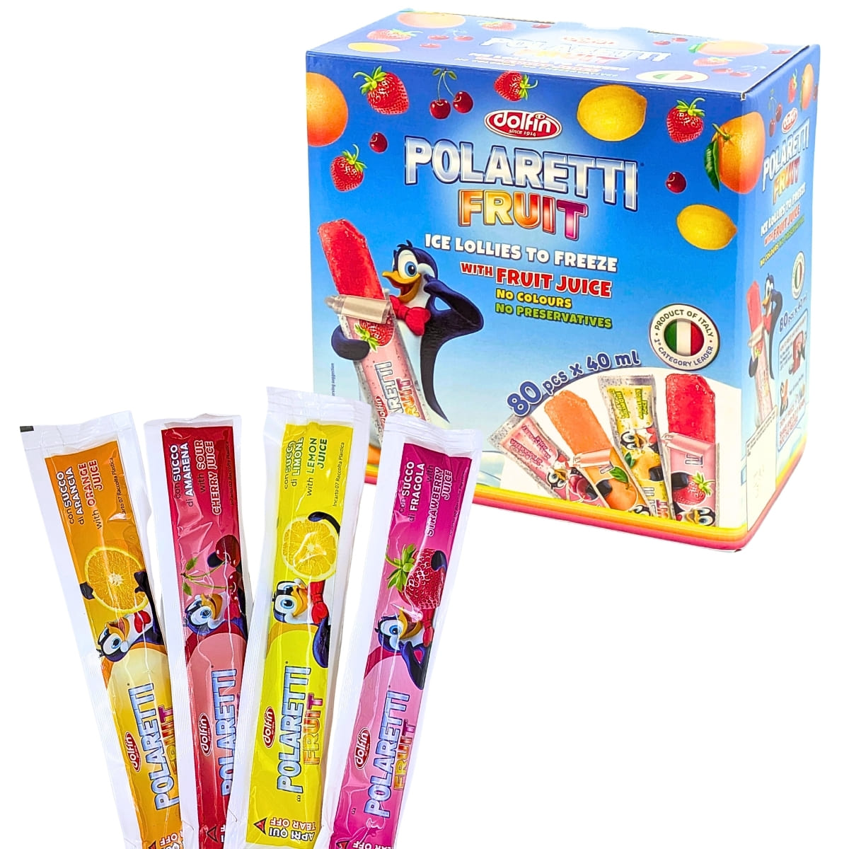 【清涼飲料水】ポラレッティ フルーツ 80本(40ml×80)  冷凍用アイスキャンディー 味(オレンジ, チェリー, レモン, いちご) 果汁10%未満 低温殺菌済み 着色料 保存料不使用 イタリア産 #59359 夏 夏休み 冷凍庫 ストック まとめ買い