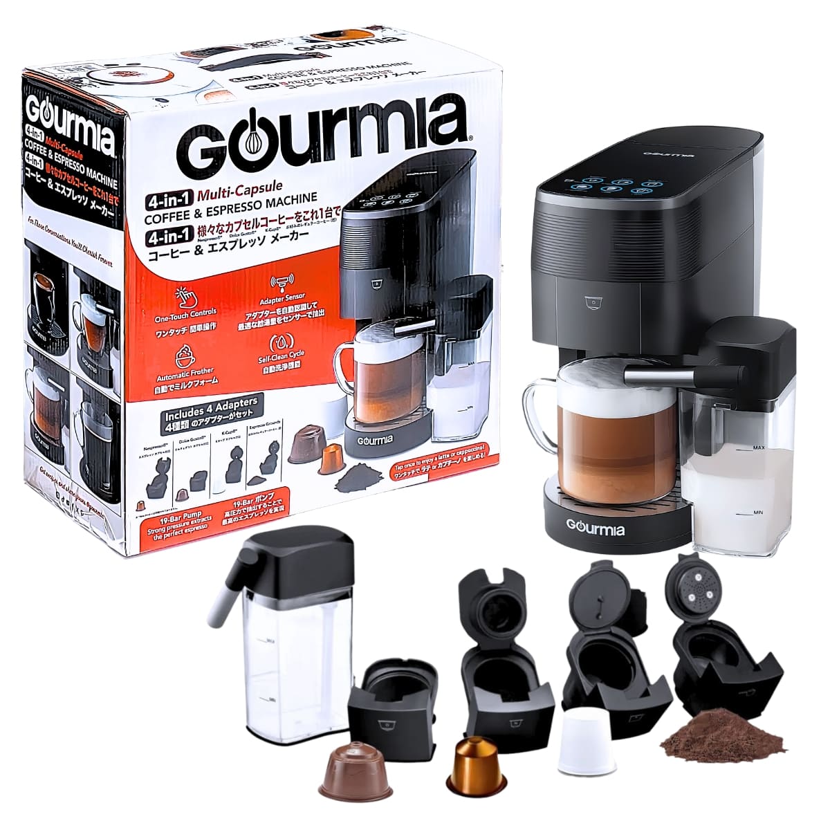 Gourmia (グルミア) GCM7200 4-in-1 コーヒー＆エスプレッソメーカー (マルチカプセル対応 K-Cup/ネスプレッソ/ドルチェグスト/粉) 定格:AC100V 50/60Hz 1450W #70113 コーヒーメーカー マルチカプセル エスプレッソ ラテ カプチーノ ギフト 在宅ワーク 秋